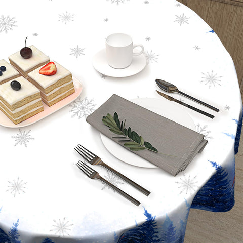Granbey holiday dining tablecloth offers easy clean-up for family dinners.
