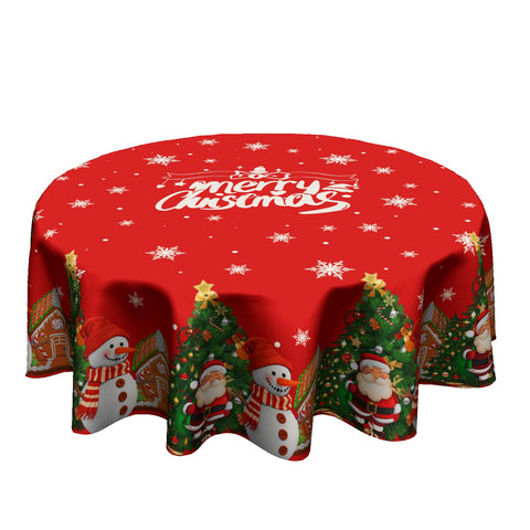 Granbey Merry Christmas tablecloth featuring Santa and snowman design for festive tables.