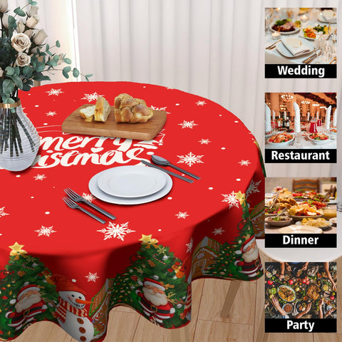 Granbey round tablecloth with Santa motif highlighting festive atmosphere.
