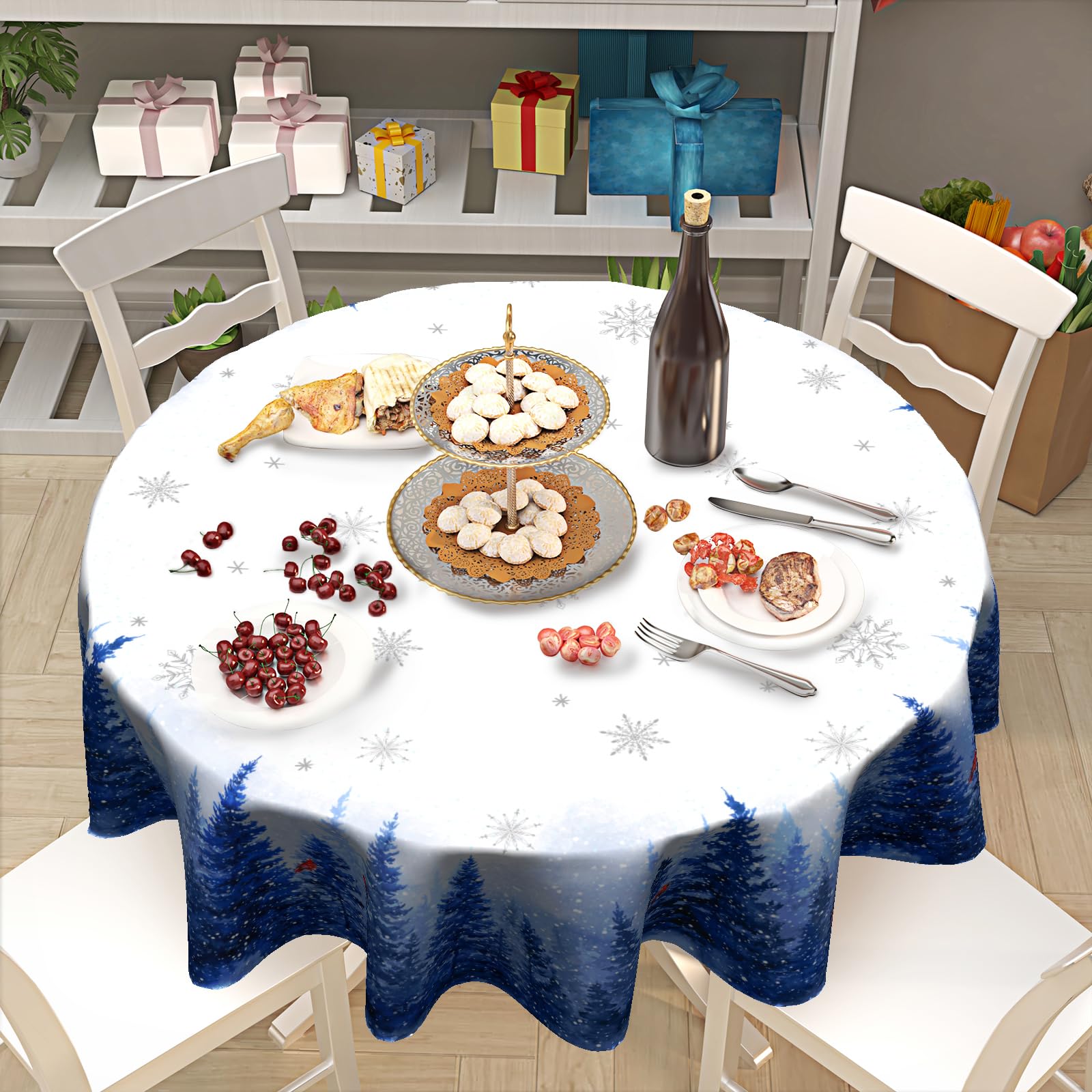 Granbey snowflake pattern tablecloth round brings seasonal sparkle to settings.