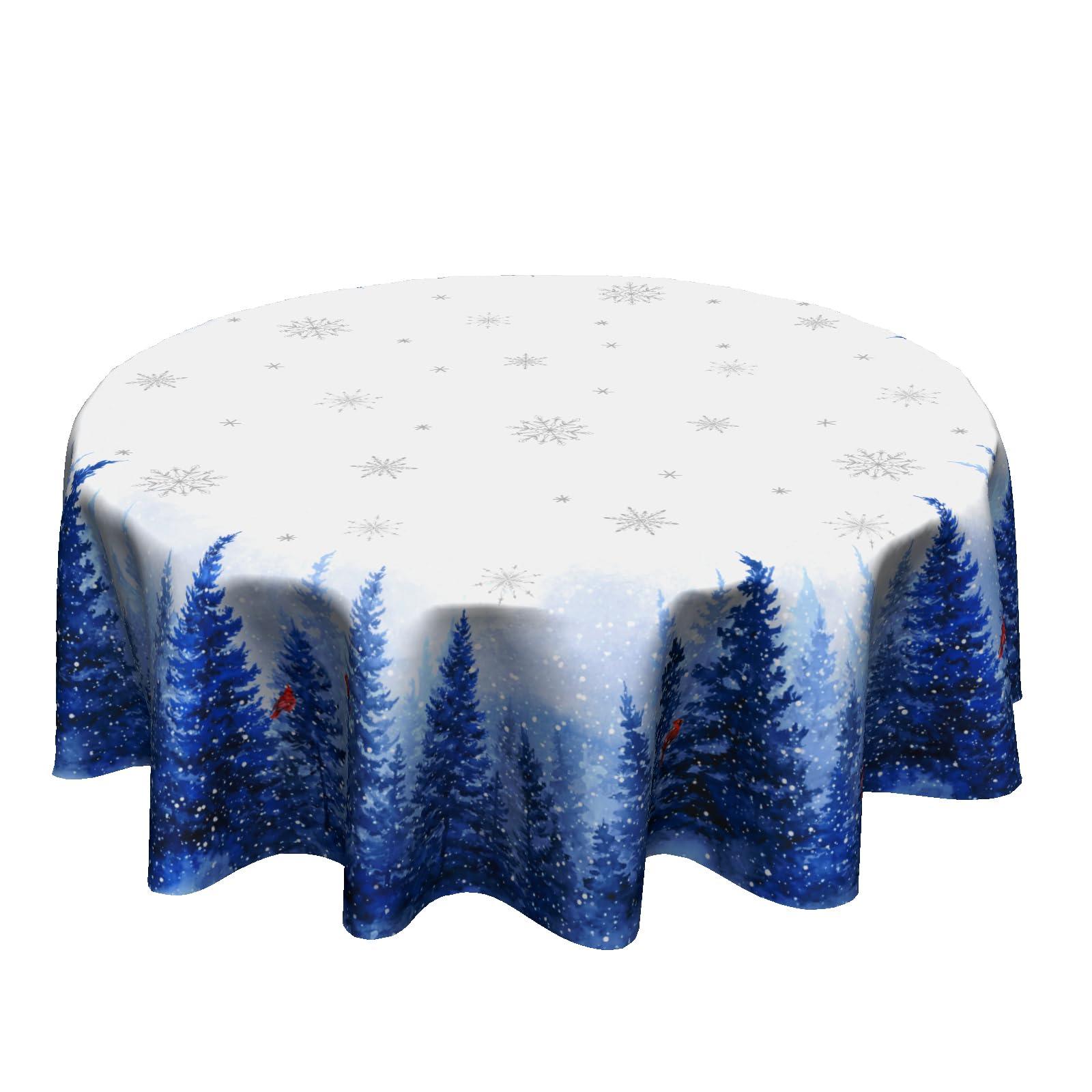 Granbey winter tablecloth round with white snowflakes enhances holiday ambiance.
