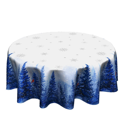 Granbey winter tablecloth round with white snowflakes enhances holiday ambiance.