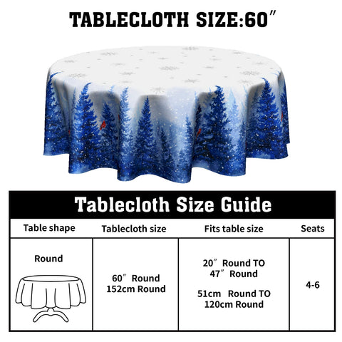 Granbey winter trees and birds design brightens gatherings on navy tablecloth.