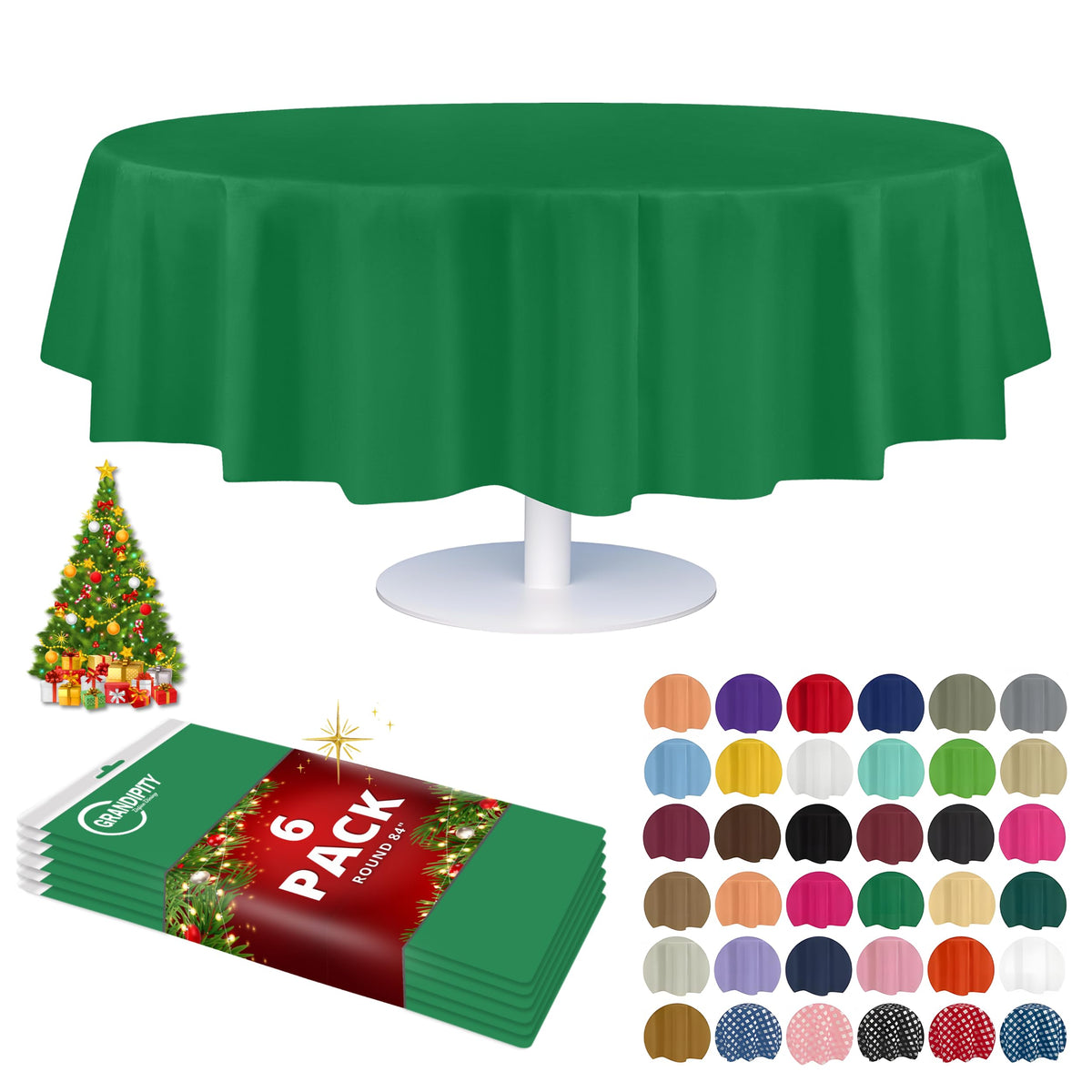 Grandipity green disposable tablecloth 84in round close-up shows durable plastic.