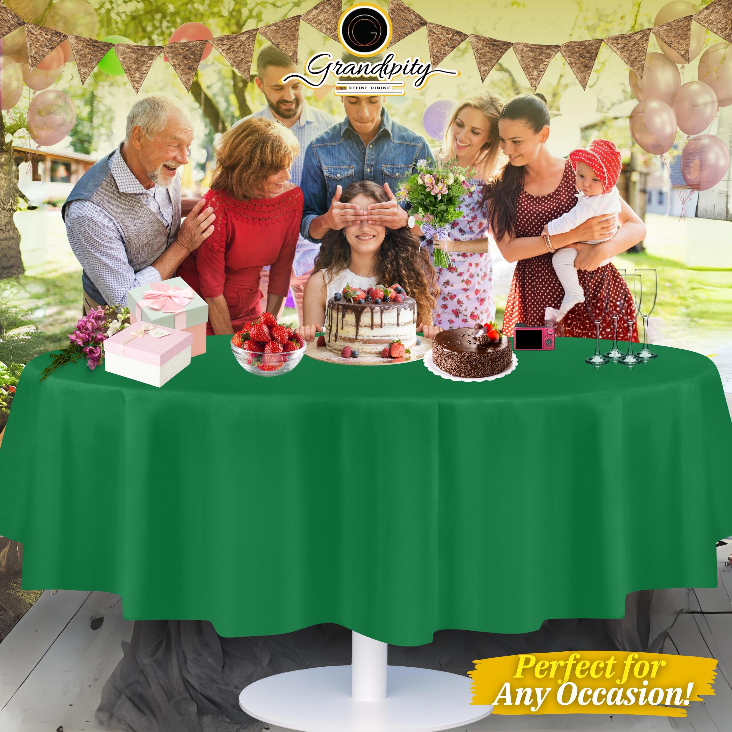 Grandipity green disposable tablecloth bulk pack display for events.