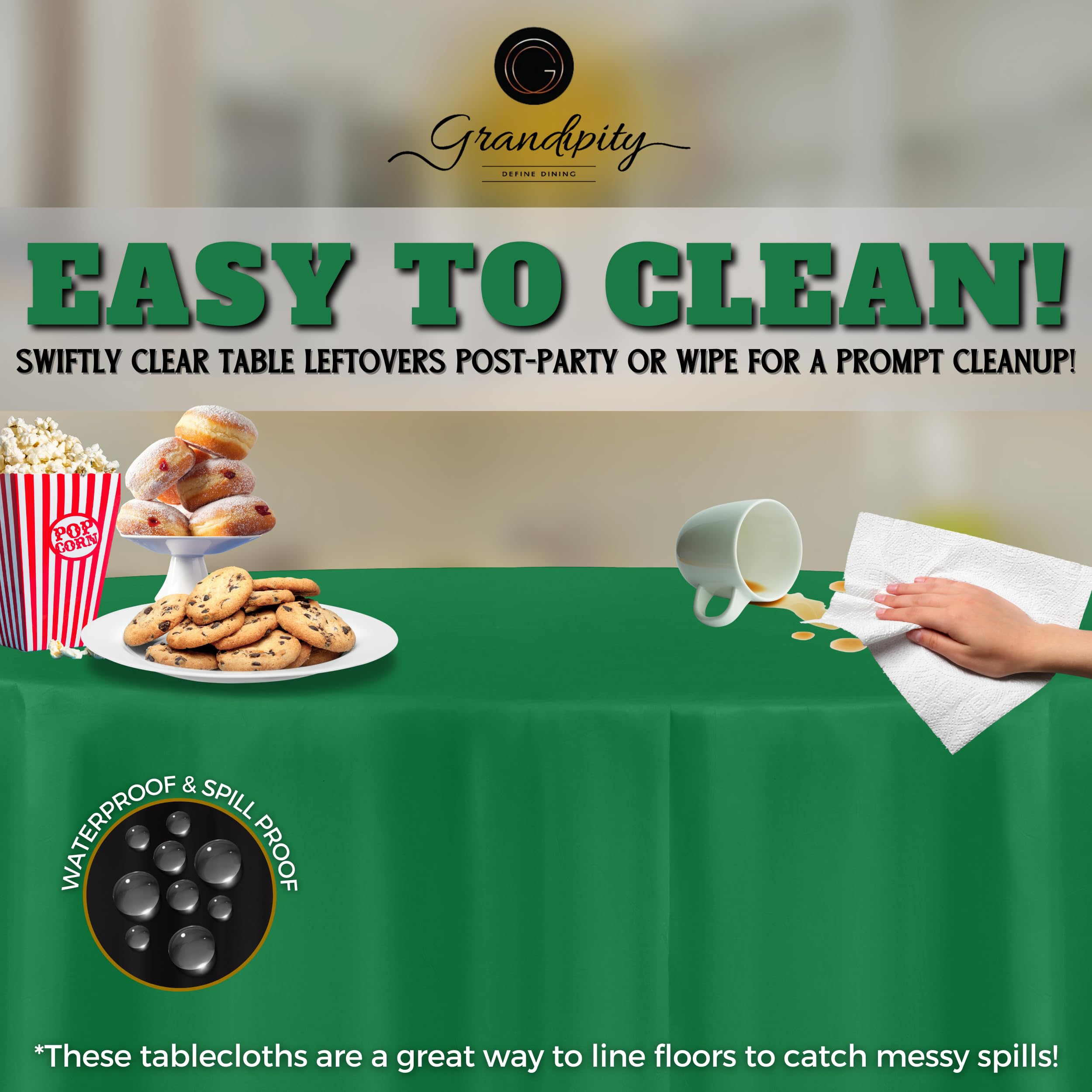 Grandipity green round tablecloth on table for spill cleanup use.