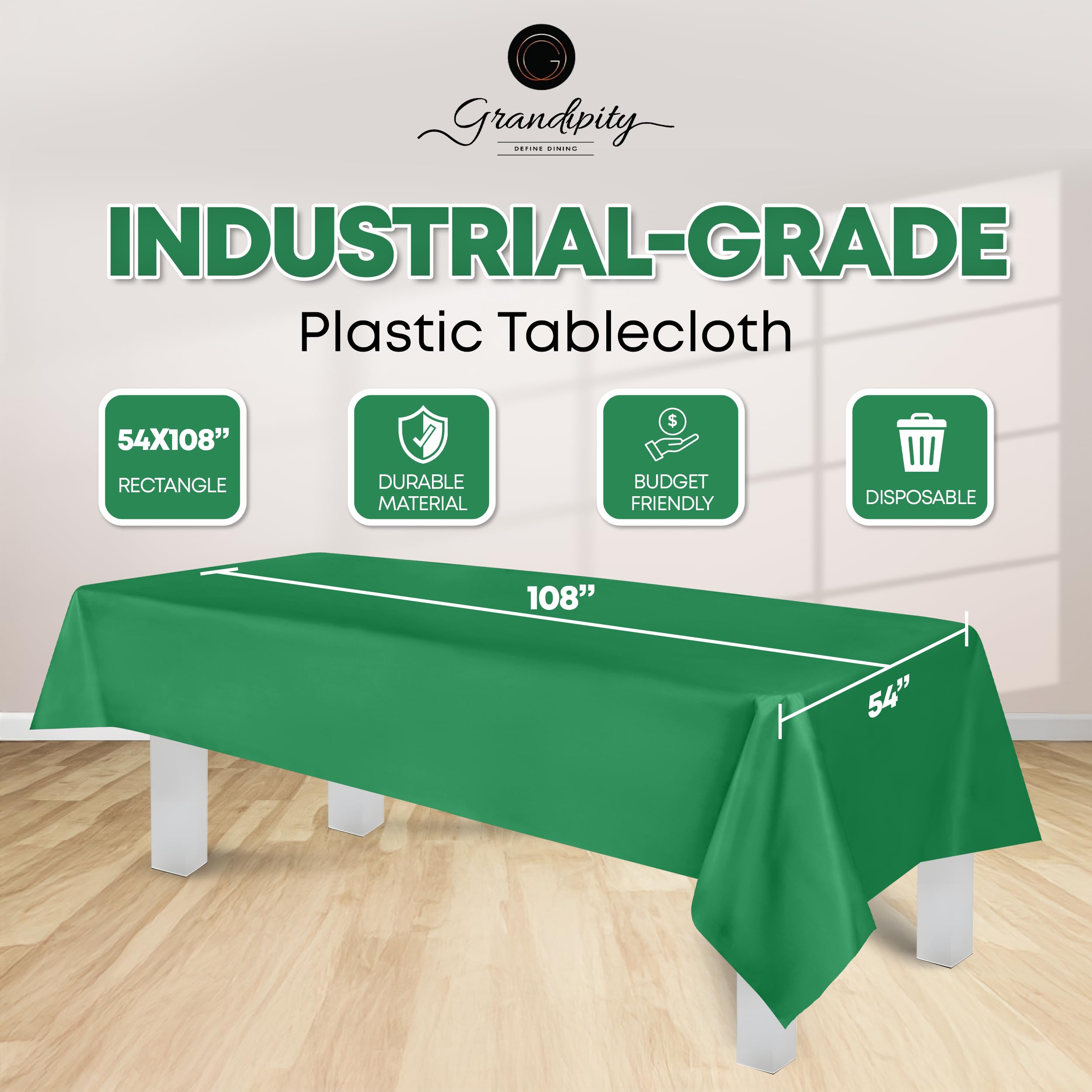 Grandipity green disposable tablecloth simplifies cleanup after events.