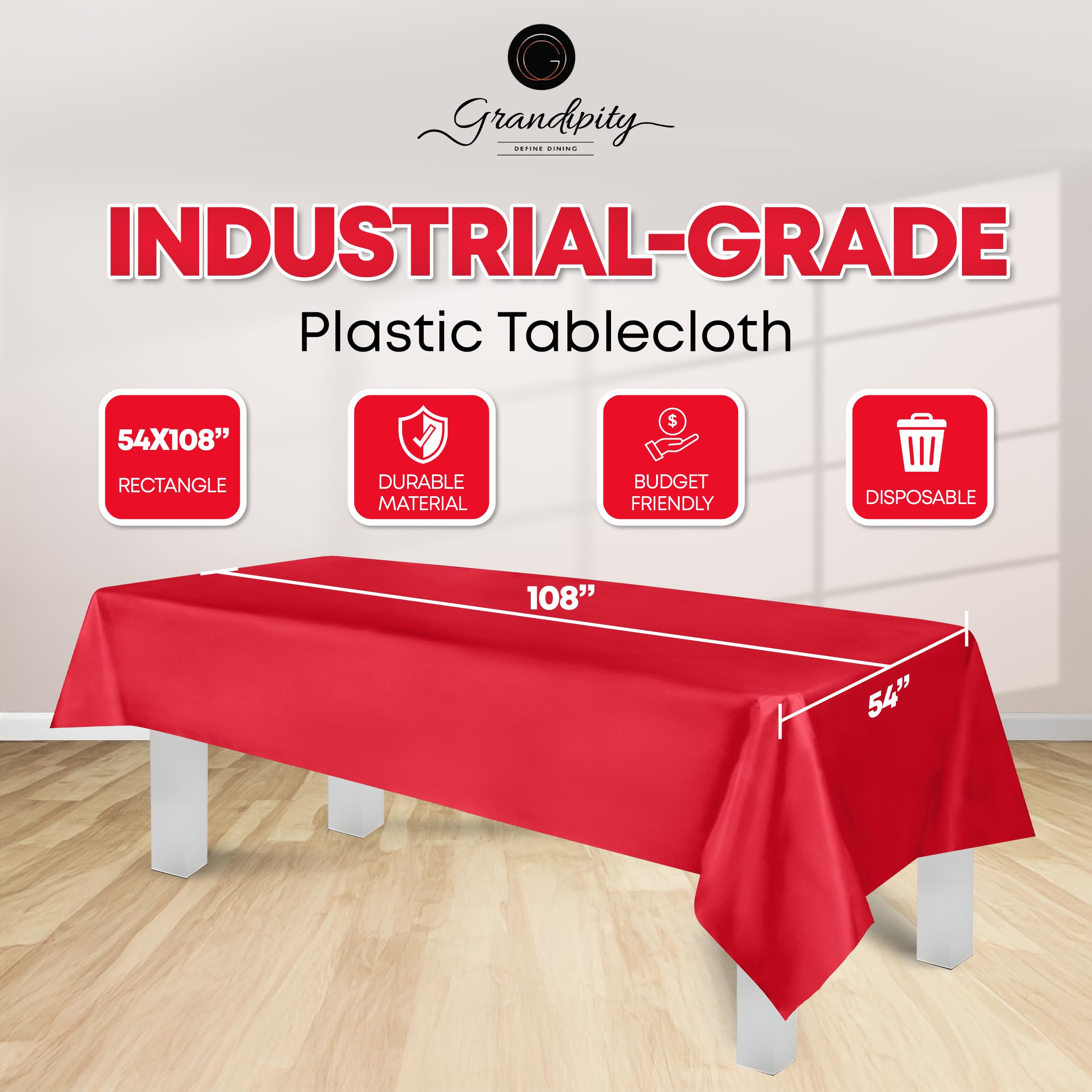 Close-up of Grandipity red tablecloth showing tear-resistant material.