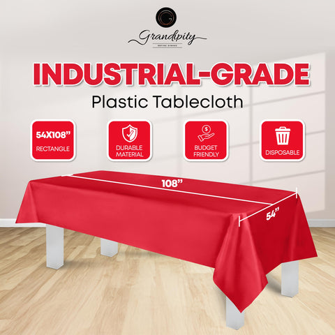 Close-up of Grandipity red tablecloth showing tear-resistant material.