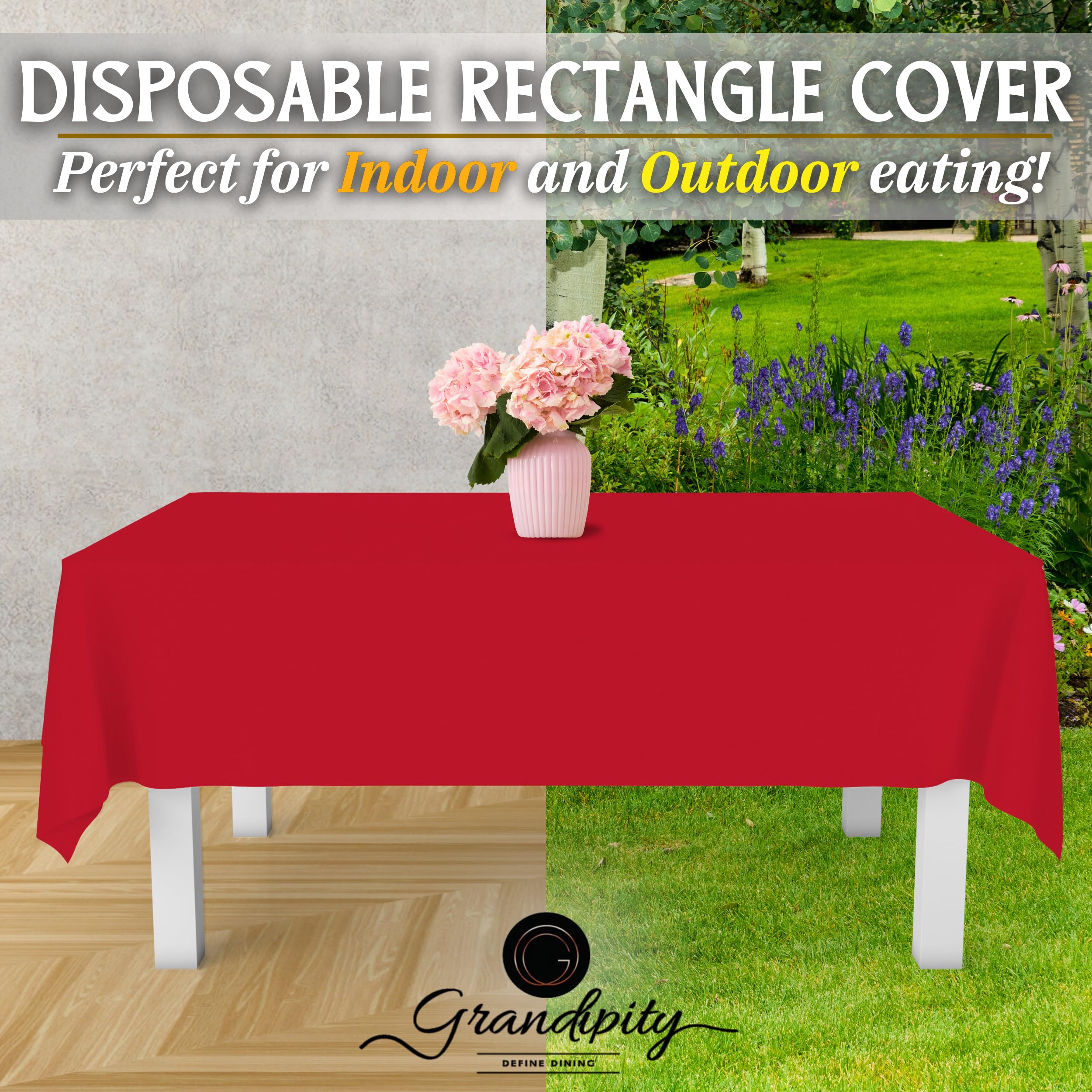 Grandipity red tablecloth enables easy cleanup after events.
