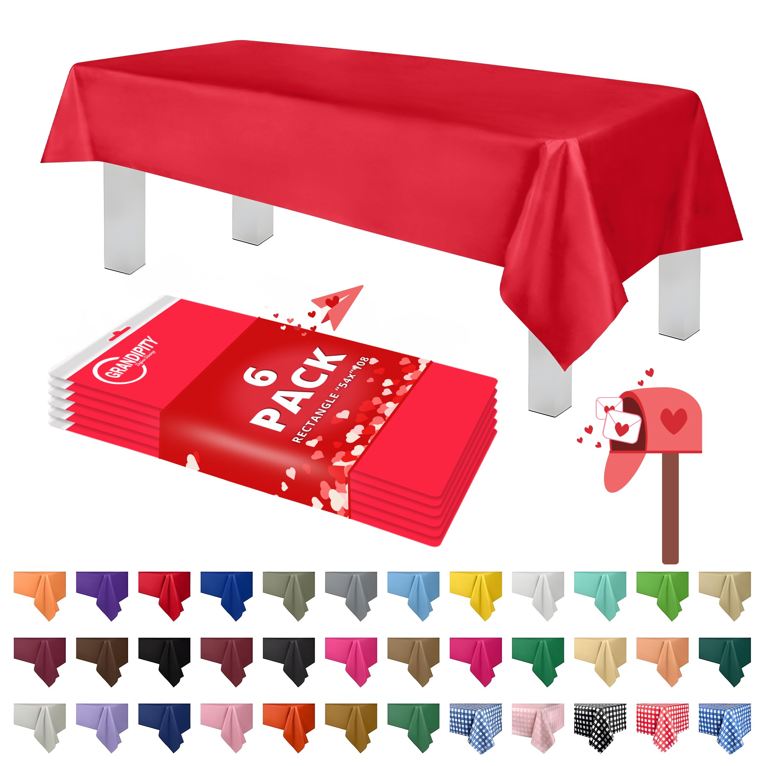 Grandipity red plastic tablecloth provides full coverage for 54 x 108 inch tables.