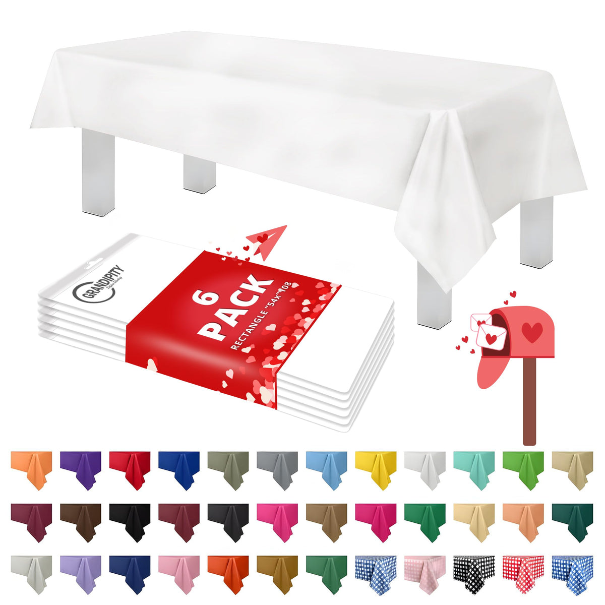 Grandipity white disposable tablecloth 54x108 inches, packaged for easy party prep