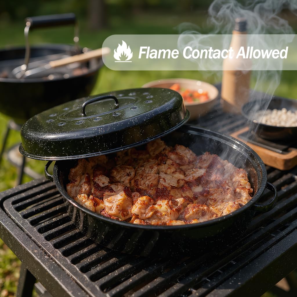 Granite Bowl even-heat enamel distributes warmth for juicier meals.