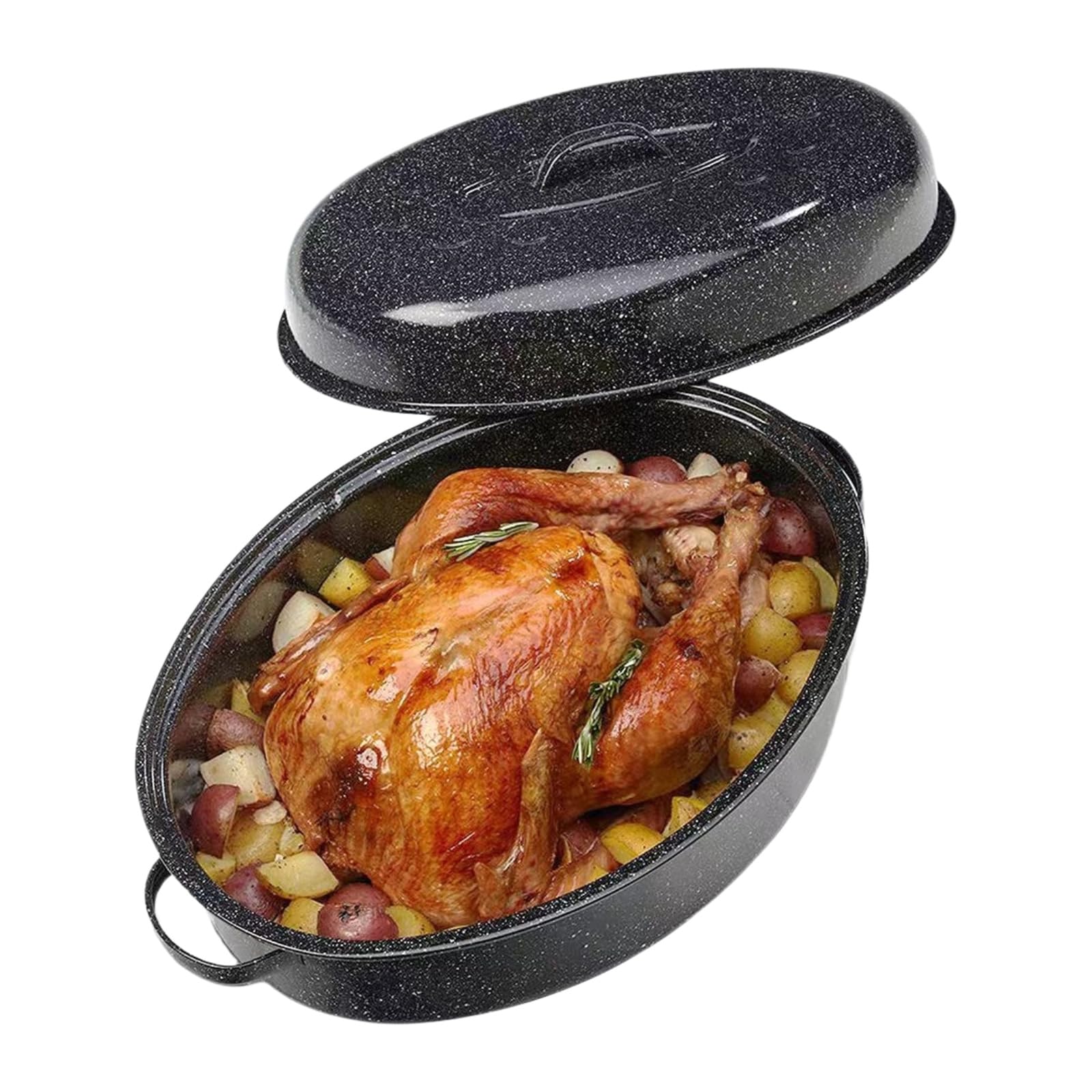 Granite Bowl turkey roaster pan with lid on counter, ideal for holidays.