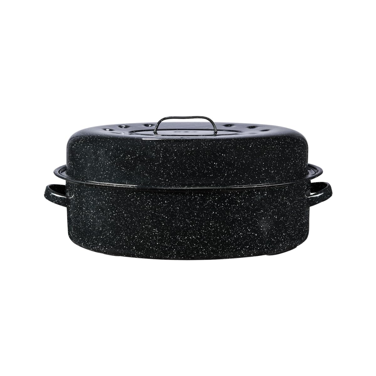 Granite Ware 19-inch oval roaster front view showing generous capacity for poultry and vegetables.