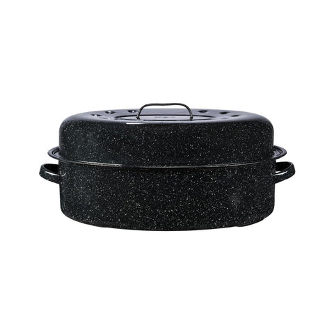 Granite Ware 19-inch oval roaster front view showing generous capacity for poultry and vegetables.