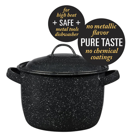 Granite Ware bean pot side handle facilitates easy lifting and handling.