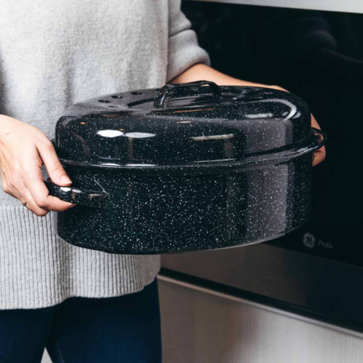 Roaster on an oven rack from Granite Ware demonstrating steady heat distribution.