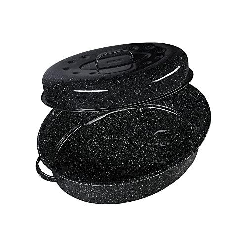Granite Ware oval roaster roasting vegetables and poultry together for a complete meal.