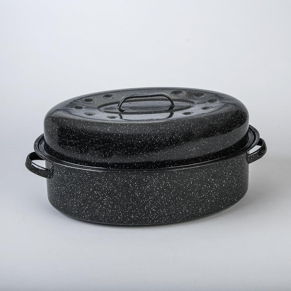 Granite Ware oval roaster with lid off illustrating spacious interior for roasting.