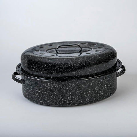 Granite Ware oval roaster with lid off illustrating spacious interior for roasting.