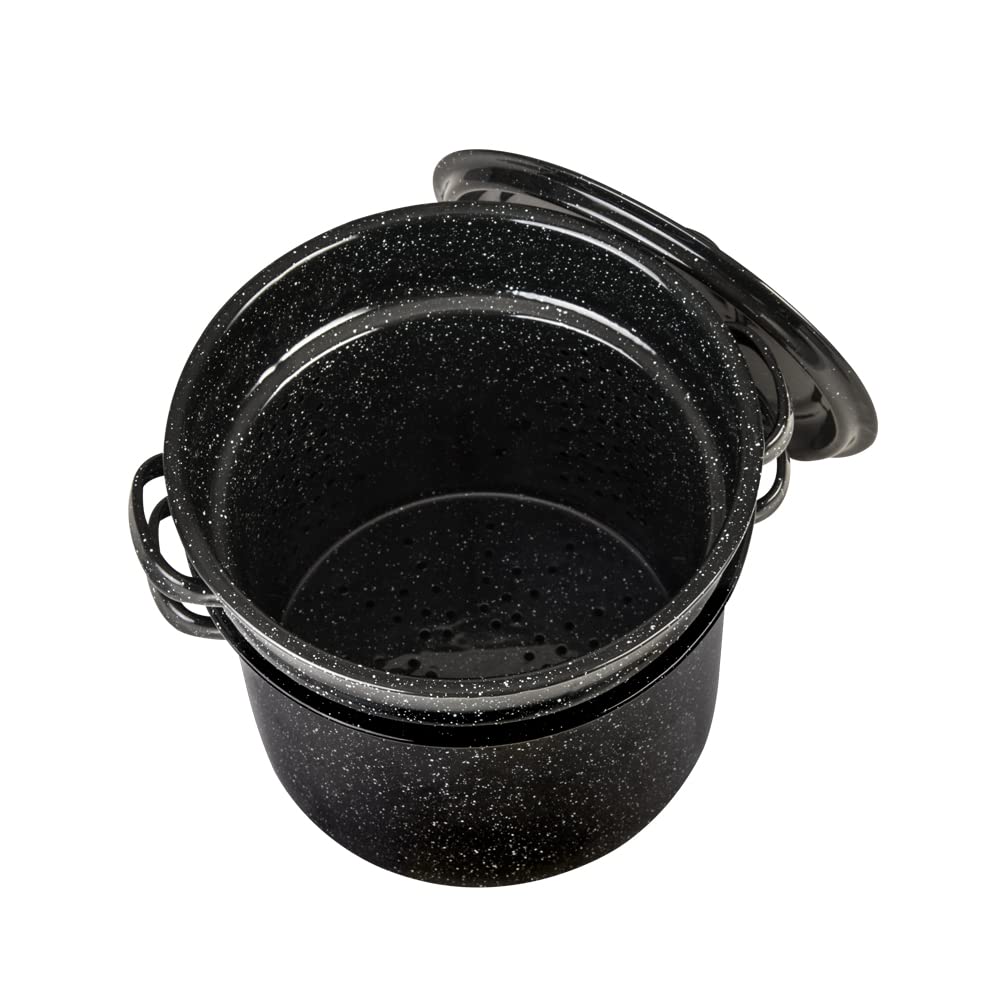 Granite Ware porcelain enamel surface for nonstick release and flavor preservation.
