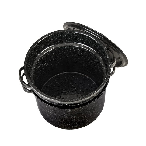 Granite Ware porcelain enamel surface for nonstick release and flavor preservation.