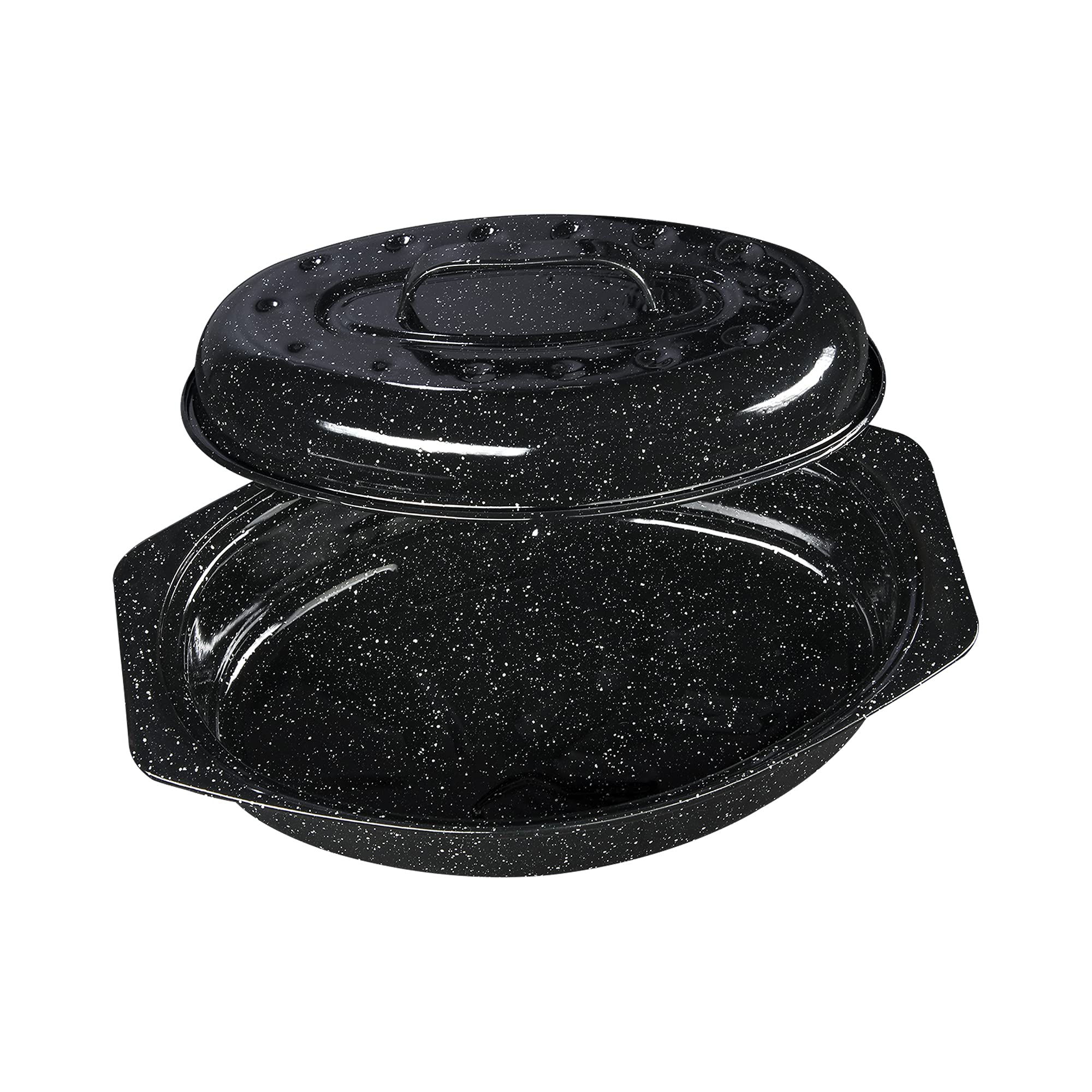 Granite Ware close-up shows speckled black enamel on a durable surface