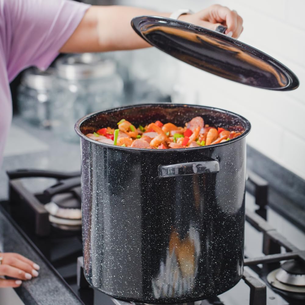 Granite Ware's carbon-steel-core stock pot delivers even heating.