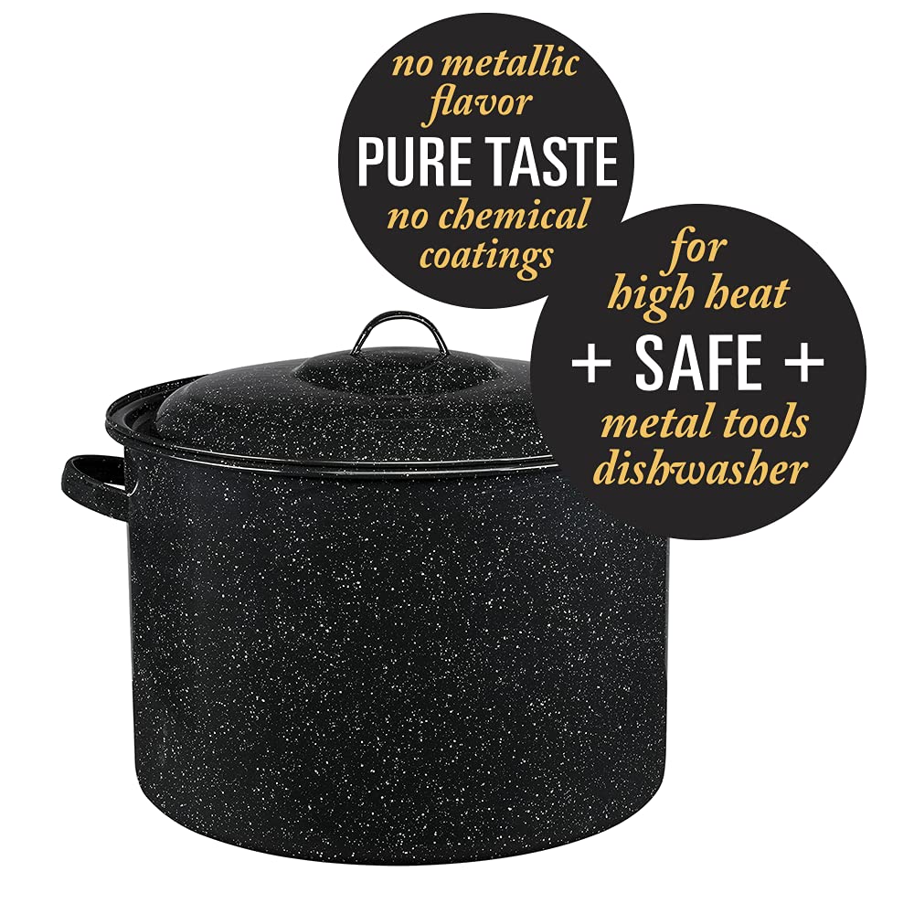 Granite Ware stockpot in speckled black finish highlighting durable graniteware.