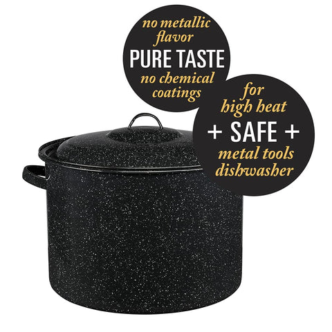 Granite Ware stockpot in speckled black finish highlighting durable graniteware.