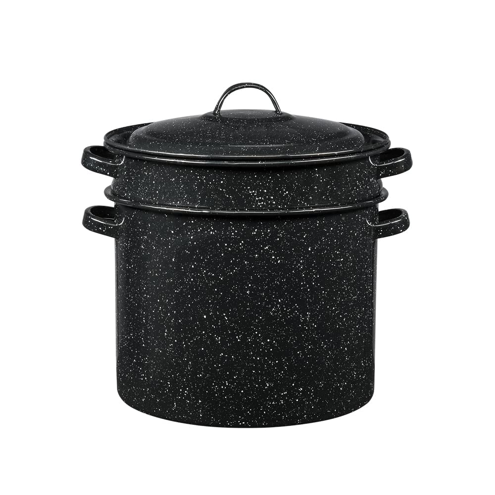 Granite Ware strainer insert for easy draining and steaming.
