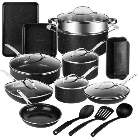 Granitestone Ceraluxe 20pc ceramic set on stovetop for everyday cooking.