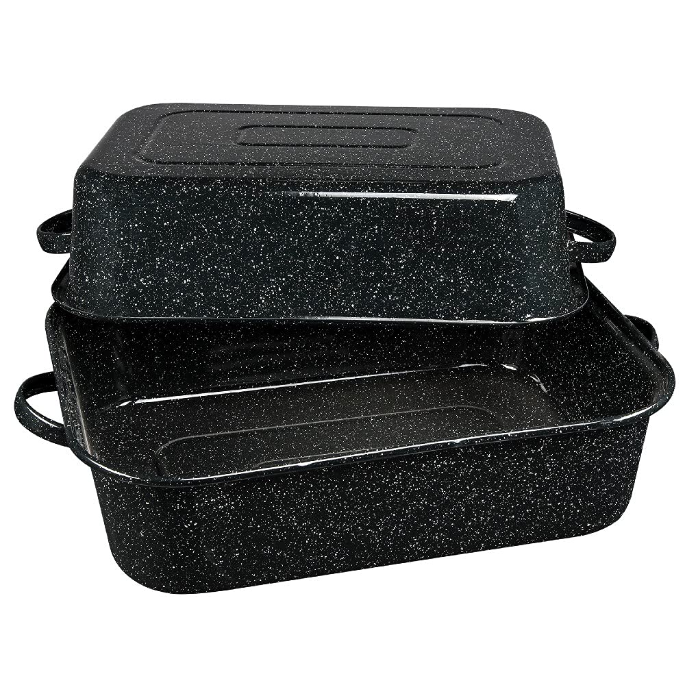 Granite Ware 21-inch covered rectangular roaster top view, spacious capacity for large meals.