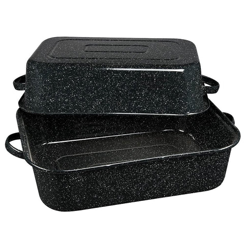 Granite Ware 21-inch covered rectangular roaster top view, spacious capacity for large meals.