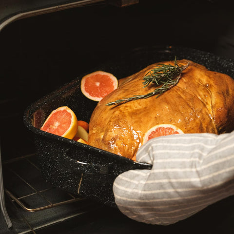 Granite Ware porcelain enamel surface offers nonstick ease and chemical-free cooking.