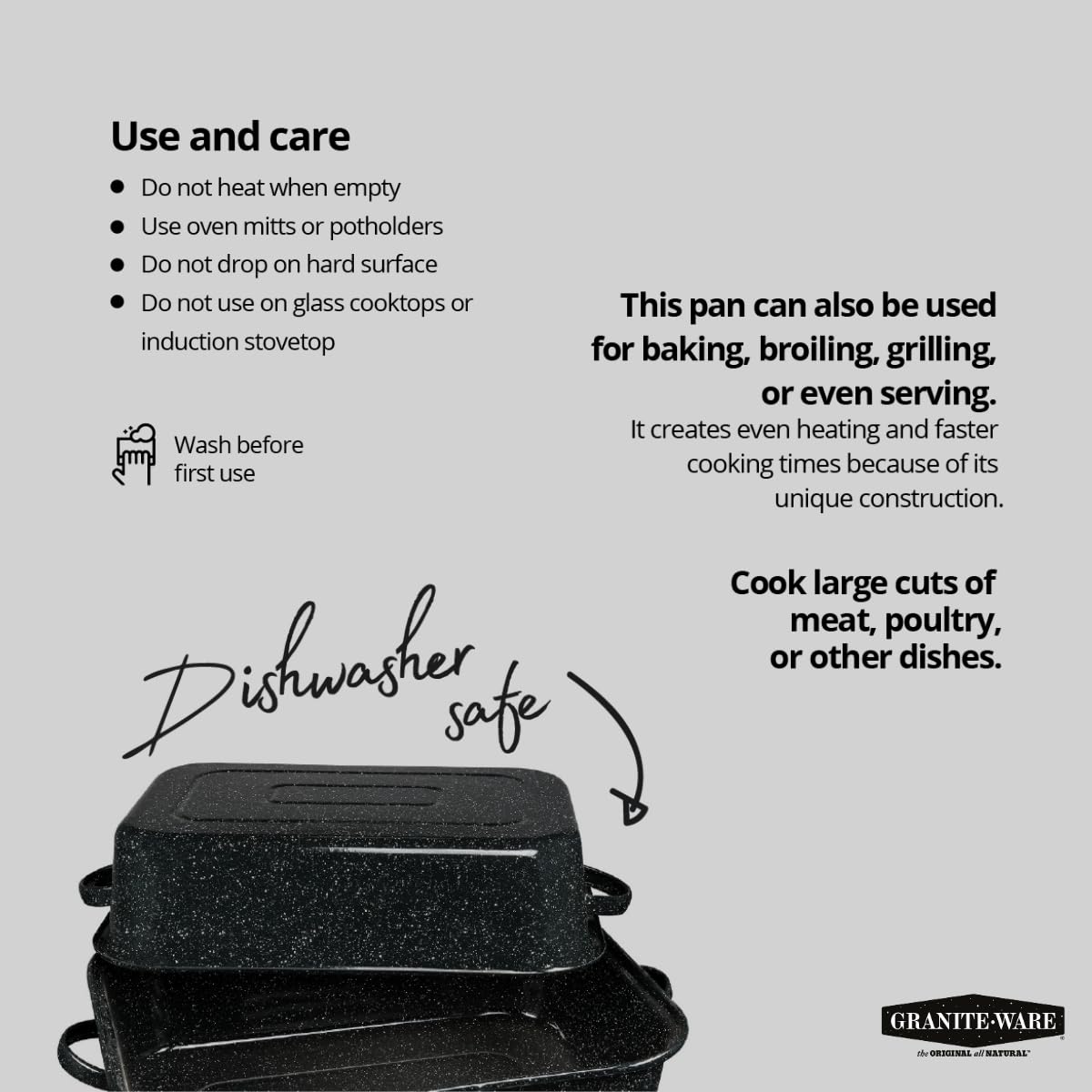 Granite Ware roaster on oven rack showcases even browning.