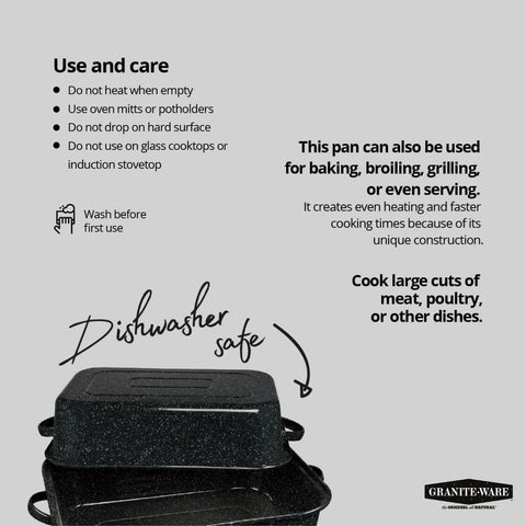 Granite Ware roaster on oven rack showcases even browning.