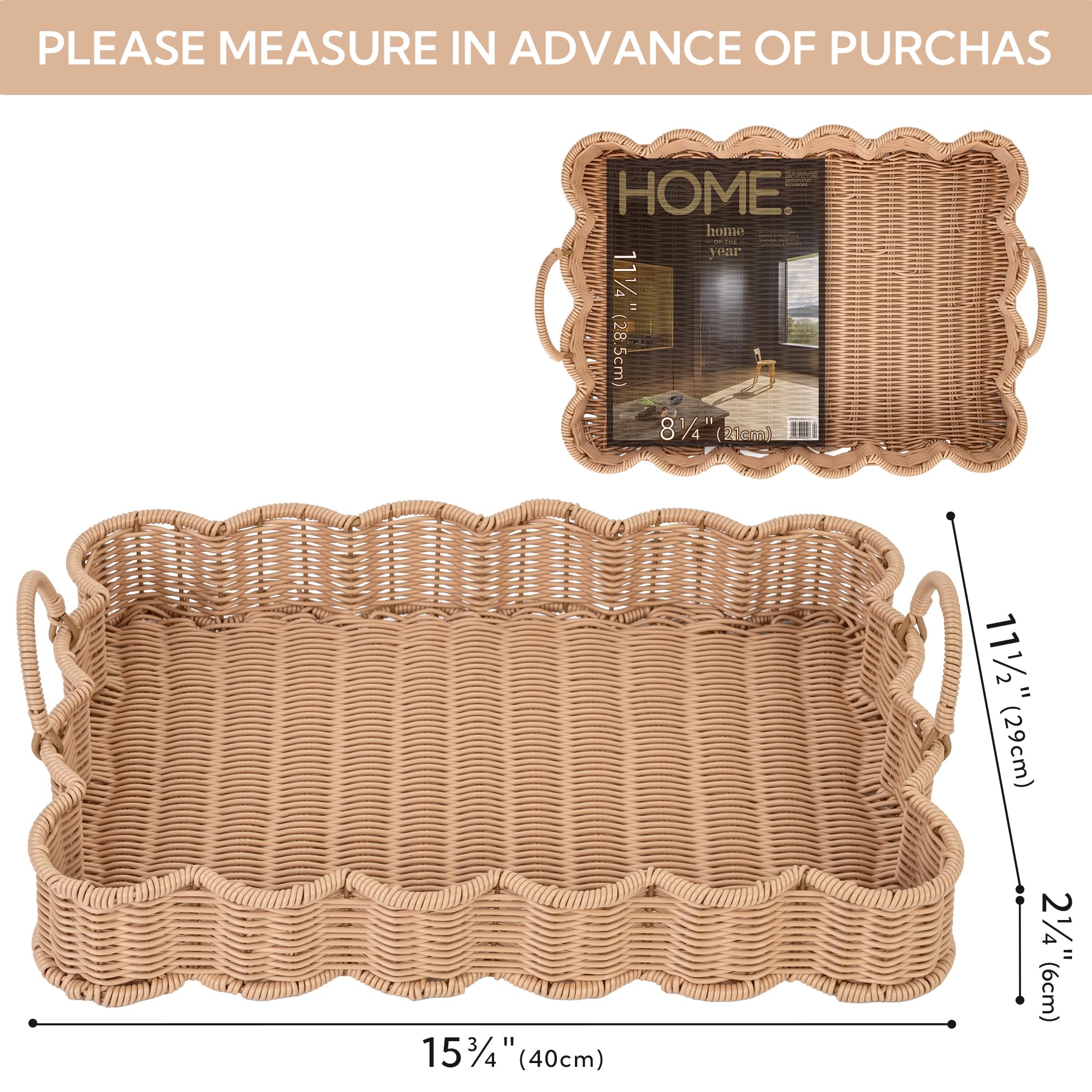 GRANNY SAYS scalloped-edge rectangle wicker tray with double handles for easy carrying.