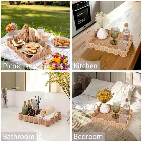 GRANNY SAYS scalloped-edge rectangle wicker tray kitchen-organization keeps condiments neatly.