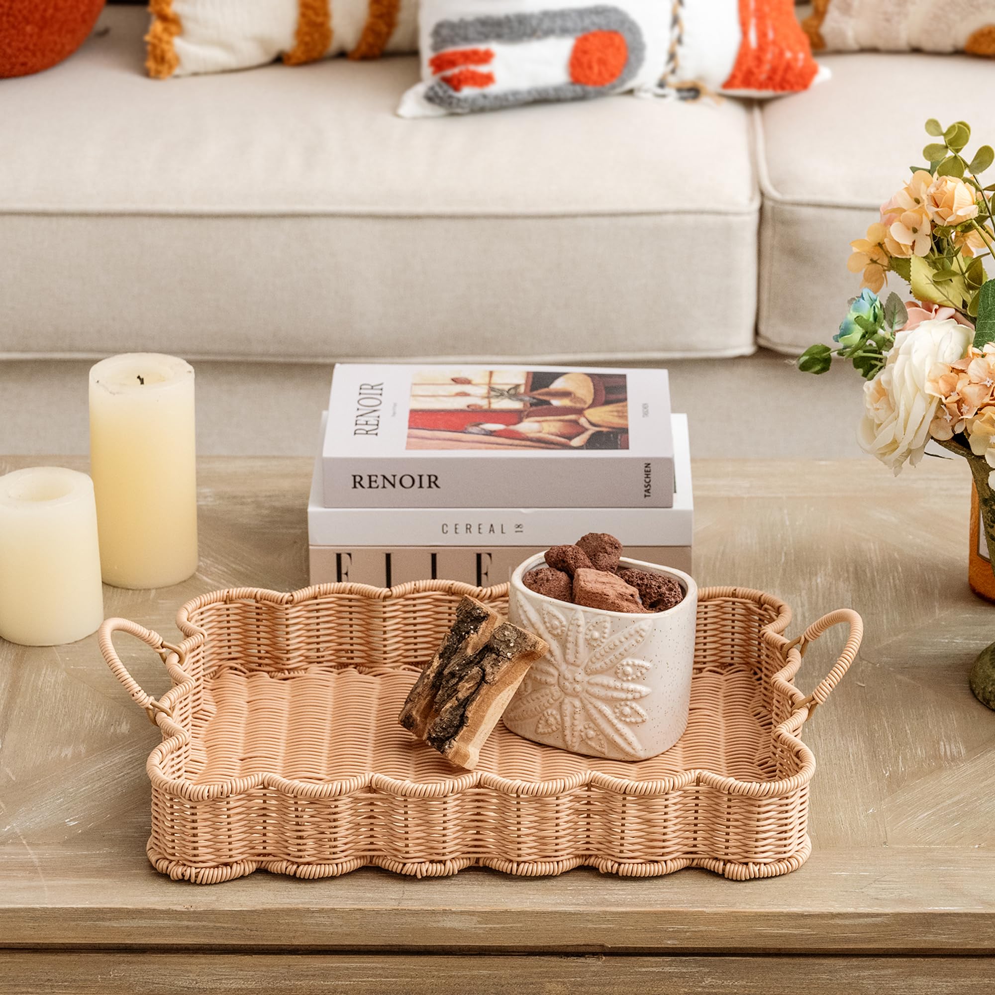 GRANNY SAYS scalloped-edge rectangle wicker tray easy-clean surface resists dust and spills.