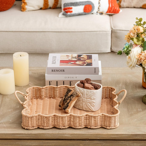 GRANNY SAYS scalloped-edge rectangle wicker tray easy-clean surface resists dust and spills.
