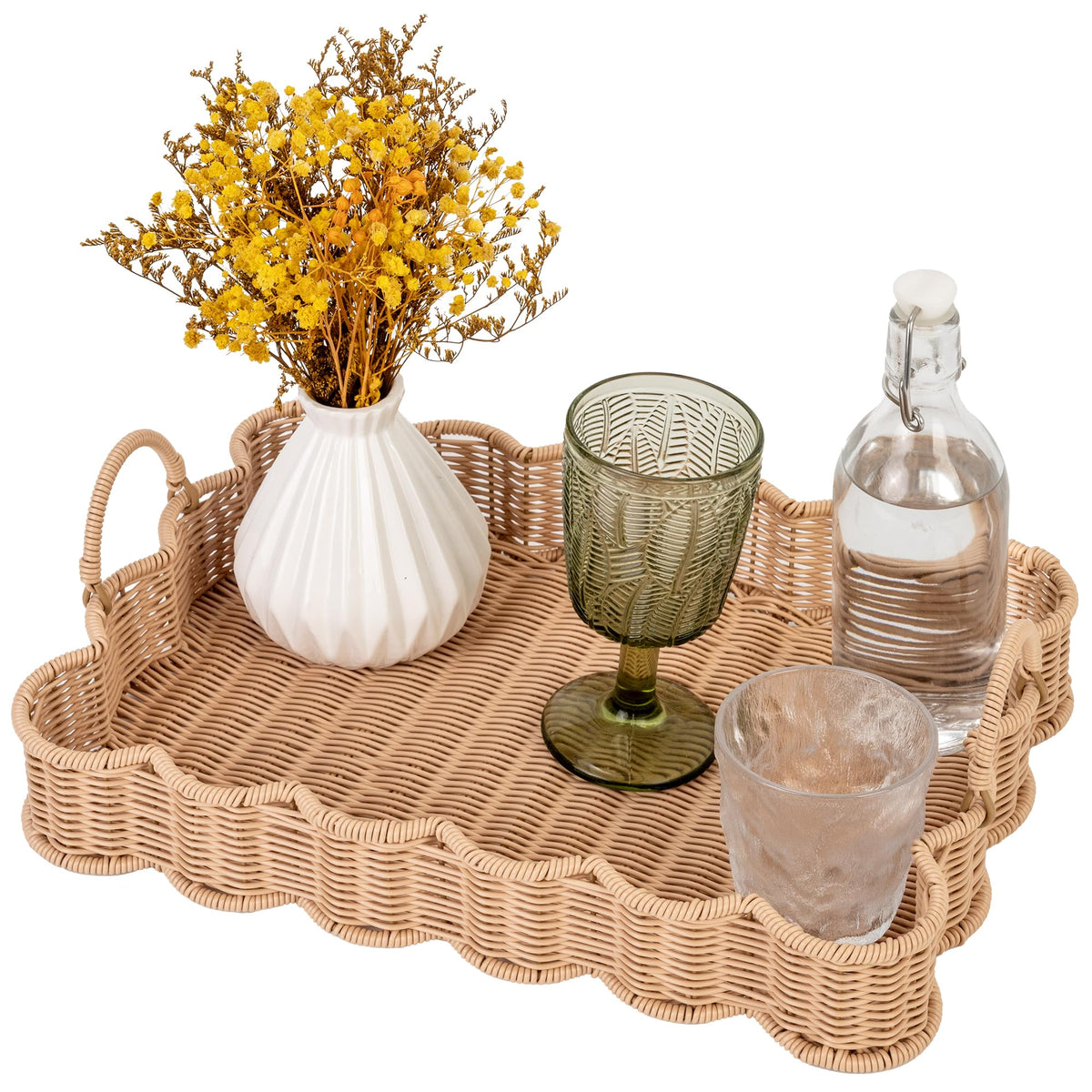 GRANNY SAYS scalloped-edge rectangle wicker tray top view shows durable, versatile serving surface.