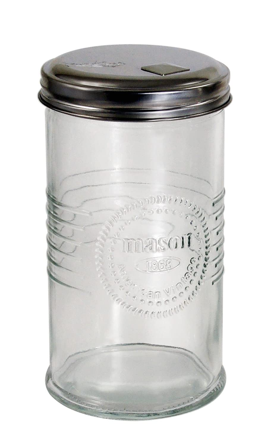 Grant Howard Mason Classics sugar shaker in glass with vintage label for neat table service.