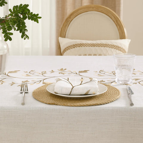 Handcrafted tassel edges on GRASiMOSY tablecloth emphasize craftsmanship and charm