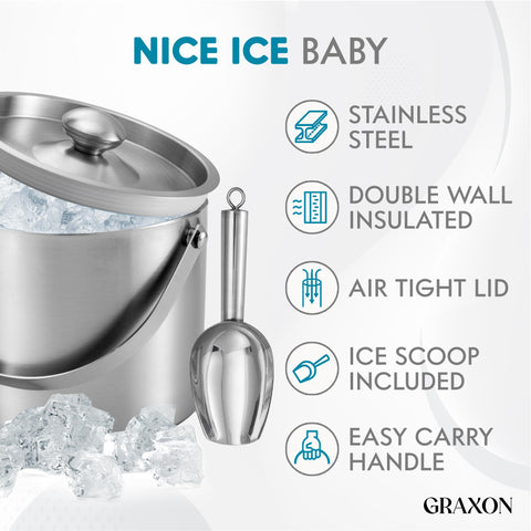 GRAXON double-wall ice bucket preserves cold for hours.