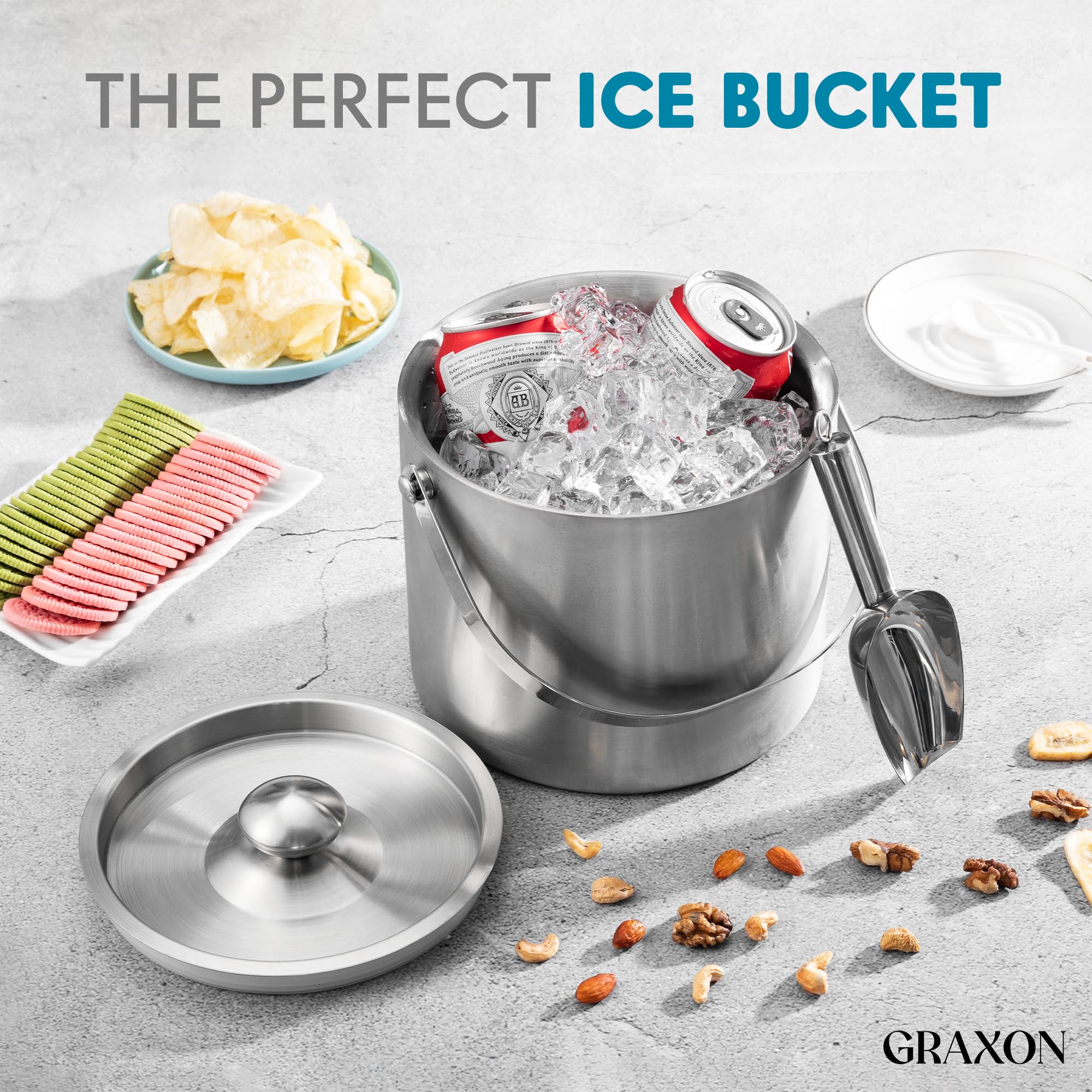 GRAXON stainless steel ice bucket with handle for easy serving.