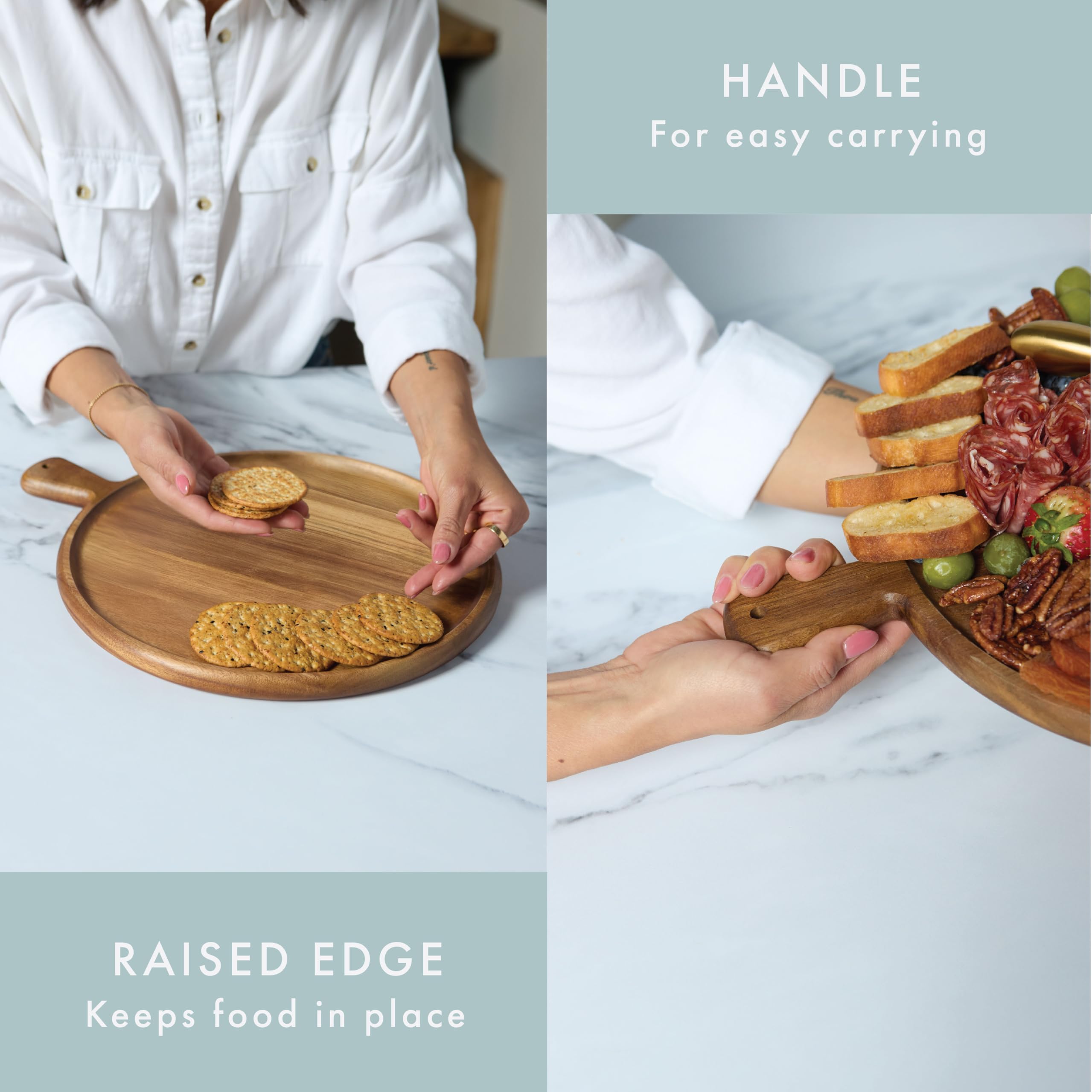 Grazerie ergonomic handle enables safe, effortless transport from kitchen to table.