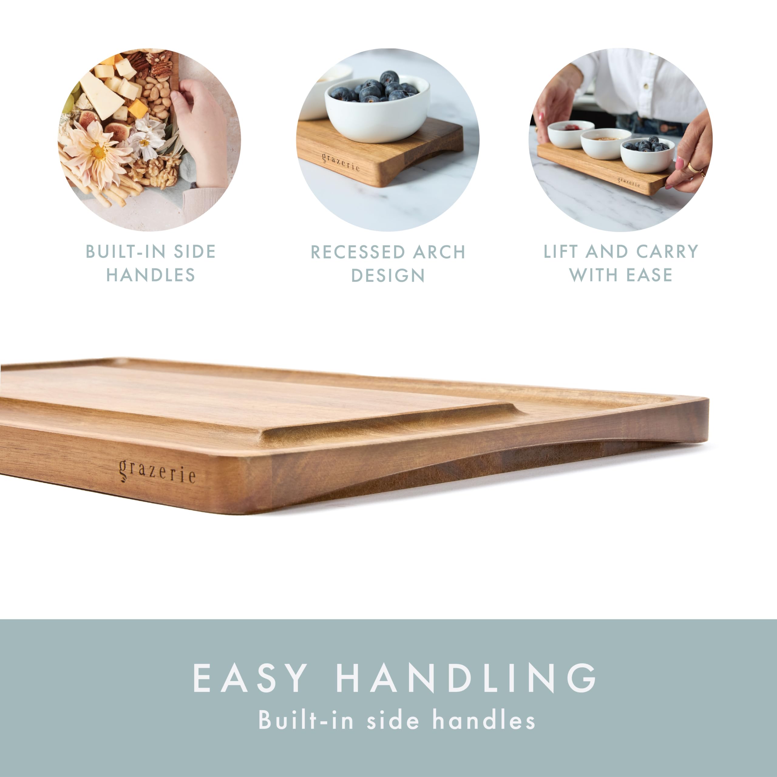 Grazerie wide grooves maximize space for meats, cheeses, crackers, and fruits.
