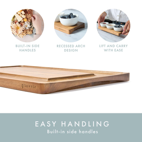 Grazerie wide grooves maximize space for meats, cheeses, crackers, and fruits.